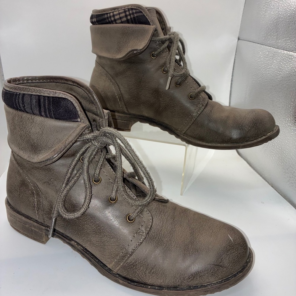 Route 66 Brown Plaid Lined‎ Fold Over Lace Up Combat Ankle Boots Womens 9
